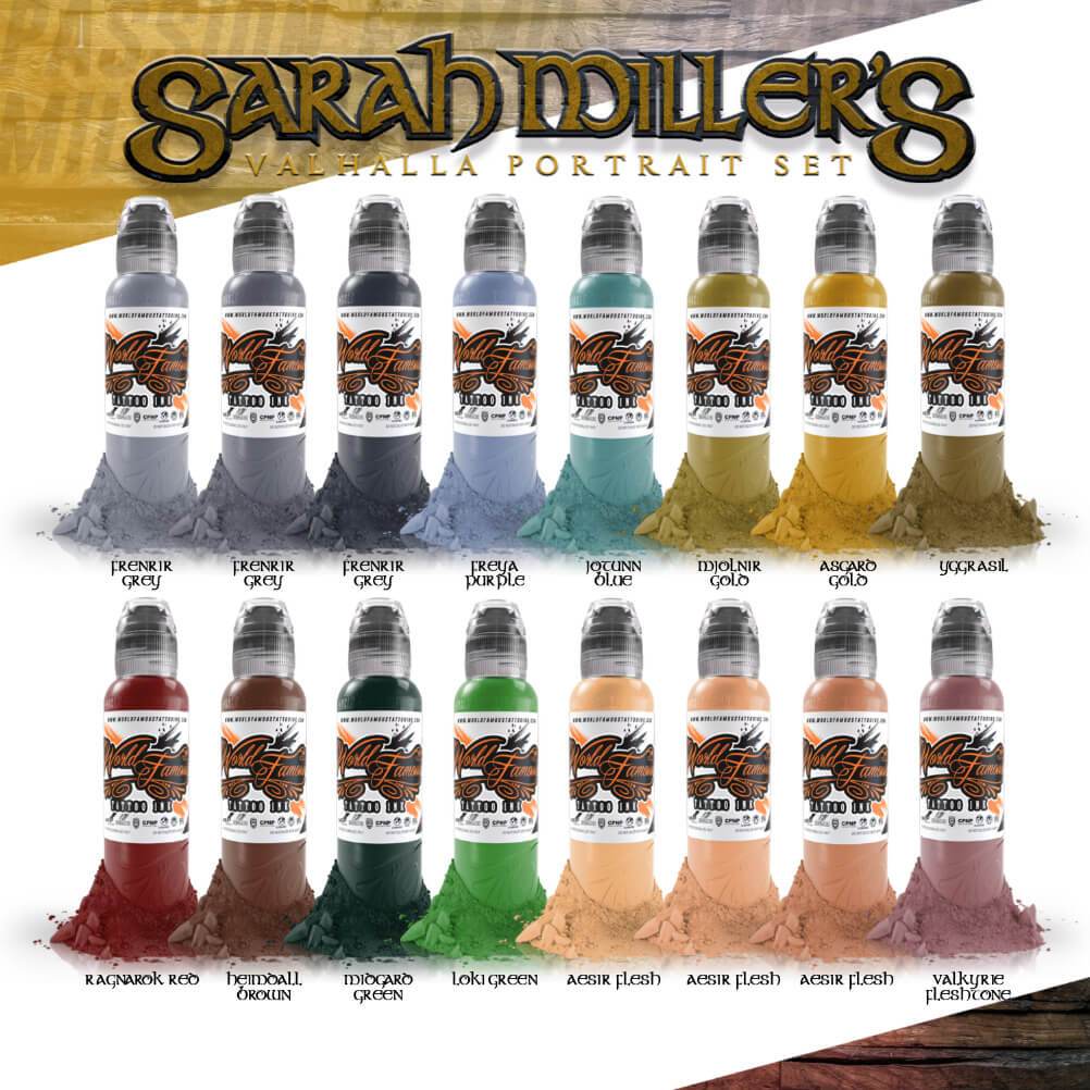 16 couleurs Sarah Miller Valhalla portrait set Pro Series 1 oz - World Famous Tattoo Ink – Encres – World Famous Tattoo Ink – SBDistribution