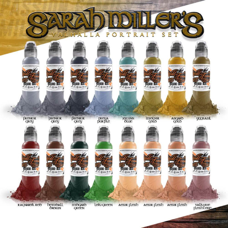 16 couleurs Sarah Miller Valhalla portrait set Pro Series 1 oz - World Famous Tattoo Ink – Encres – World Famous Tattoo Ink – SBDistribution