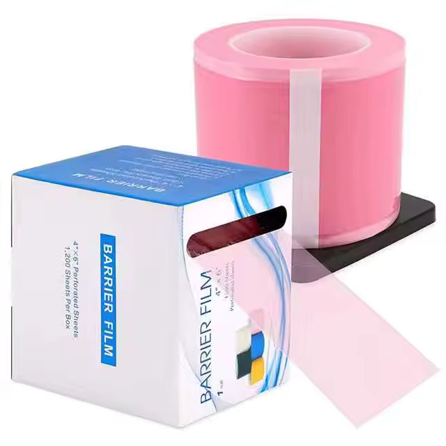 Pack of 1200 sheets of disposable polyethylene barrier film for tattoos with dispenser box - 10.2 x 15.2 cm - Pink 