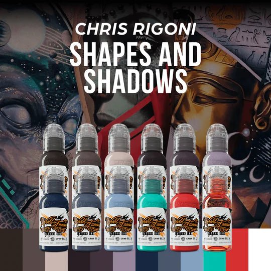 CHRIS RIGONI SHAPES & SHADOWS 12 BOTTLE TATTOO INK SET 1oz – Encres – World Famous Tattoo Ink – SBDistribution