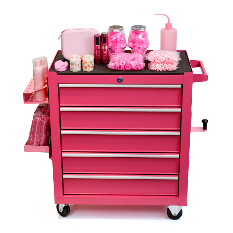 Workstation tatouage 5 tiroirs sur roulettes — Coffre tatoueur rose professionnel – Mobilier studio tatouage – SBDistribution – SBDistribution