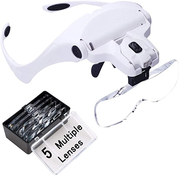 All Accessories, All PMU, Permanent makeup accessories, Studio Equipements  Headband Magnifier Glasses - 5 Replaceable Lenses 1.0X 1.5X 2.0X 2.5X 3.5X  - magnifying glass with light–Hands Free Head •